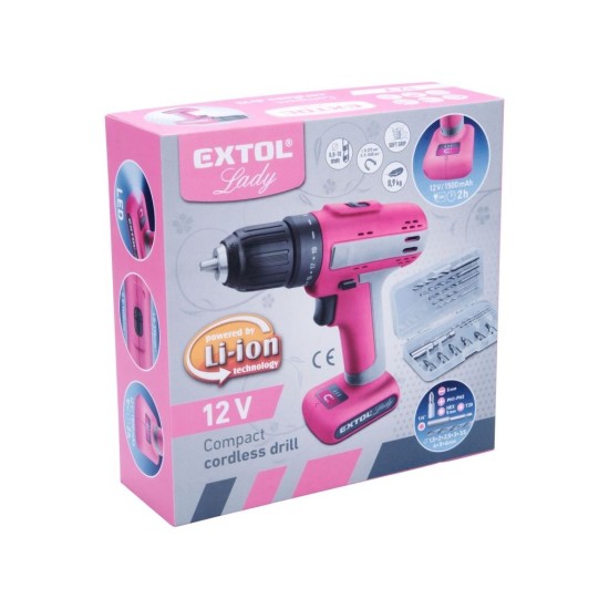 Akumulátorový vŕtací skrutkovač, ružový, 12V Li-ion, 1500mAh EXTOL LADY