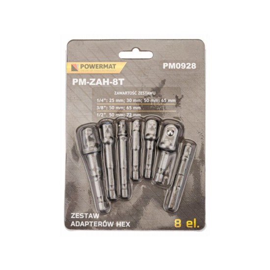 Sada vŕtacích adaptérov 1/2" 3/8" 1/4", 8ks, šesťhran POWERMAT