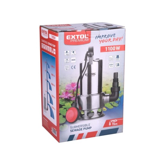 Ponorné kalové čerpadlo, telo z nehrdzavejúcej ocele, 1100W, 1600l/h, 15m kábel EXTOL PREMIUM