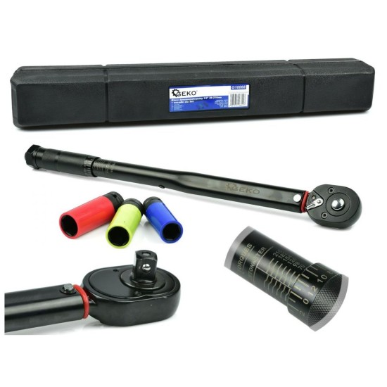 Momentový kľúč 1/2", 28-210Nm s nástrčnými hlavami 17, 19, 21mm GEKO Momentový kľúč 1/2", 28-210Nm s nástrčnými hlavami 17, 19, 21mm GEKO