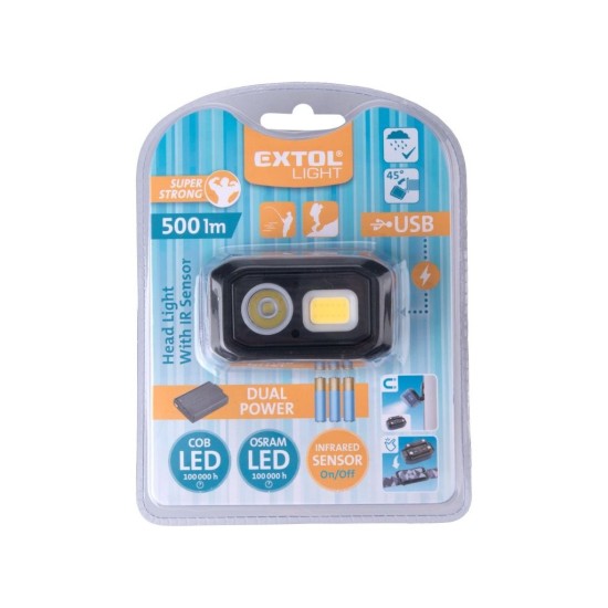 Čelovka 500 lm Dual Power s IR senzorom OSRAM LED+COB LED EXTOL LIGHT Čelovka 500 lm Dual Power s IR senzorom OSRAM LED+COB LED EXTOL LIGHT