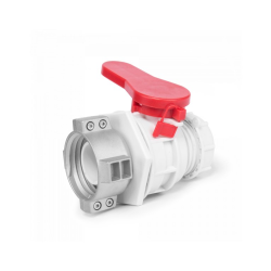 Guľový ventil pre IBC nádobu na vodu, vstup S60x6 s kovovou prírubou, výstup S60x6 so zátkou