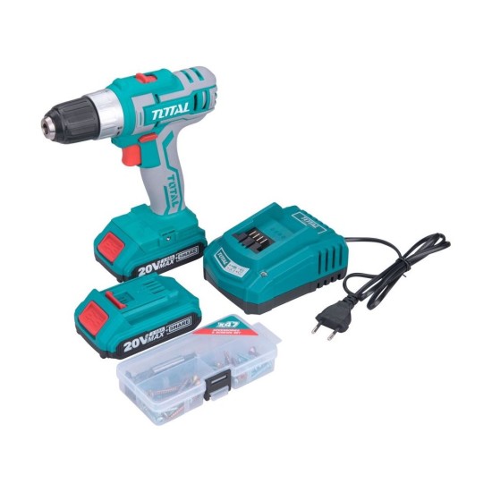 Akumulátorový vŕtací skrutkovač, 20V Li-ion (2x), 2000mAh, vo vrecku, sada 47 kusov príslušenstva CELKOM Akumulátorový vŕtací skrutkovač, 20V Li-ion (2x), 2000mAh, vo vrecku, sada 47 kusov príslušenstva CELKOM