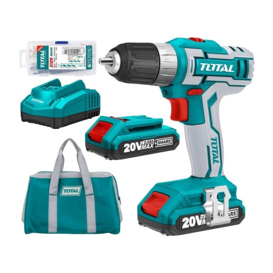 Akumulátorový vŕtací skrutkovač, 20V Li-ion (2x), 2000mAh, priemyselný, TOTAL