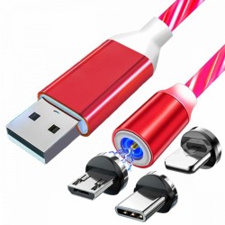 Magnetický USB nabíjací kábel s LED podsvietením, 3v1, 1m, červený KAXL
