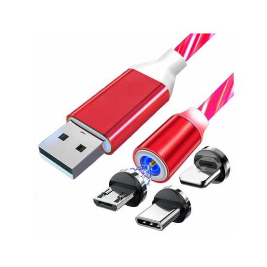 Magnetický USB nabíjací kábel s LED podsvietením, 3v1, 1m, červený KAXL Magnetický USB nabíjací kábel s LED podsvietením, 3v1, 1m, červený KAXL