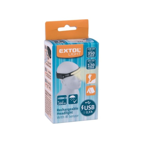 Čelovka 350lm, USB nabíjanie, s IR senzorom, COB, XPE LED EXTOL SVETLO Čelovka 350lm, USB nabíjanie, s IR senzorom, COB, XPE LED EXTOL SVETLO