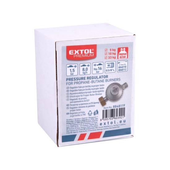 Regulátor tlaku pre propán-butánové horáky, 1,5 bar, výstupný závit G3/8"L EXTOL PREMIUM Regulátor tlaku pre propán-butánové horáky, 1,5 bar, výstupný závit G3/8"L EXTOL PREMIUM