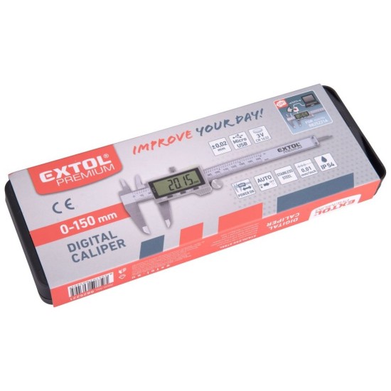 Posuvná digitálna stupnica z nehrdzavejúcej ocele, 0-150 mm, USB-C EXTOL PREMIUM Posuvná digitálna stupnica z nehrdzavejúcej ocele, 0-150 mm, USB-C EXTOL PREMIUM