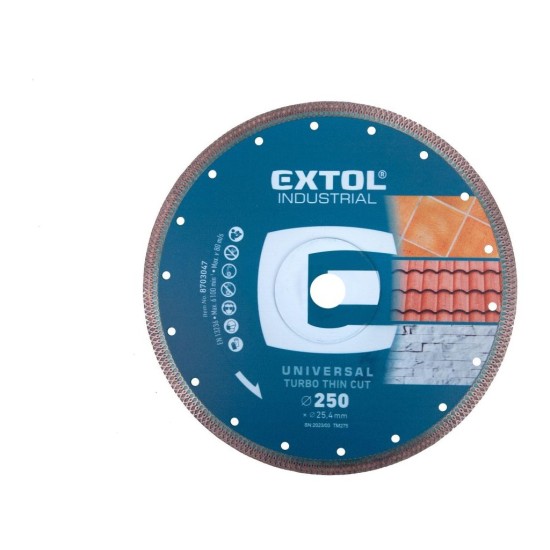 Diamantový rezací kotúč, turbo Thin Cut, rezanie za sucha a za mokra, Ø250x25,4x2mm EXTOL INDUSTRIAL