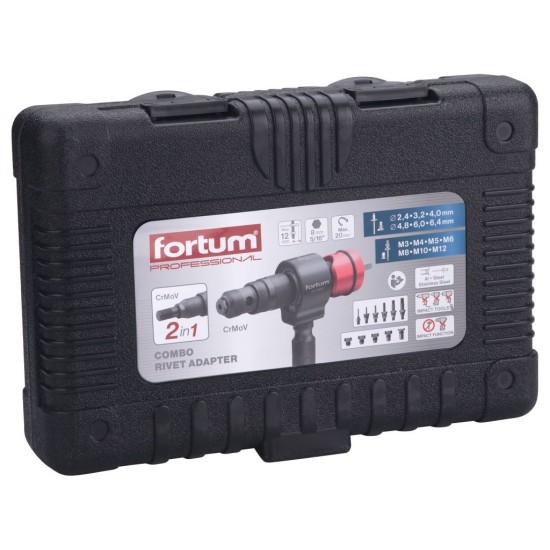 Nitovací nástavec pre vŕtačku T-COMBO, sada pre matice M3-M12 a trh. nity 2,4-6,4mm, CrMoV FORTUM Nitovací nástavec pre vŕtačku T-COMBO, sada pre matice M3-M12 a trh. nity 2,4-6,4mm, CrMoV FORTUM