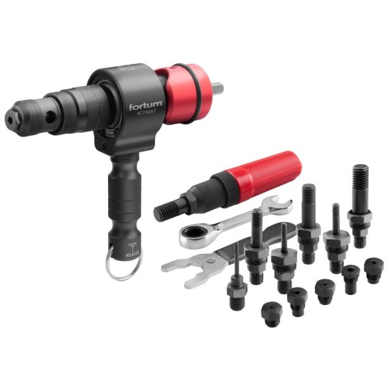 Nitovací nástavec pre vŕtačku T-COMBO, sada pre matice M3-M12 a trh. nity 2,4-6,4mm, CrMoV FORTUM Nitovací nástavec pre vŕtačku T-COMBO, sada pre matice M3-M12 a trh. nity 2,4-6,4mm, CrMoV FORTUM