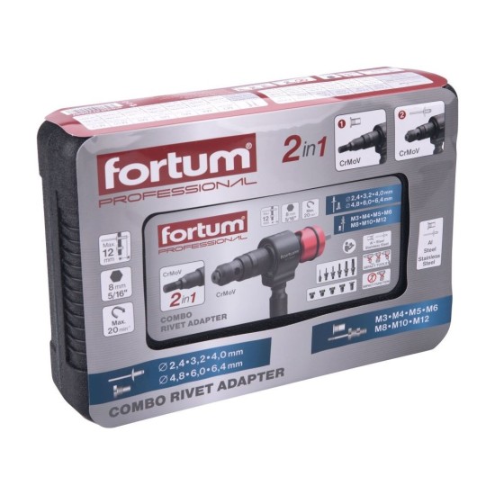 Nitovací nástavec pre vŕtačku T-COMBO, sada pre matice M3-M12 a trh. nity 2,4-6,4mm, CrMoV FORTUM Nitovací nástavec pre vŕtačku T-COMBO, sada pre matice M3-M12 a trh. nity 2,4-6,4mm, CrMoV FORTUM