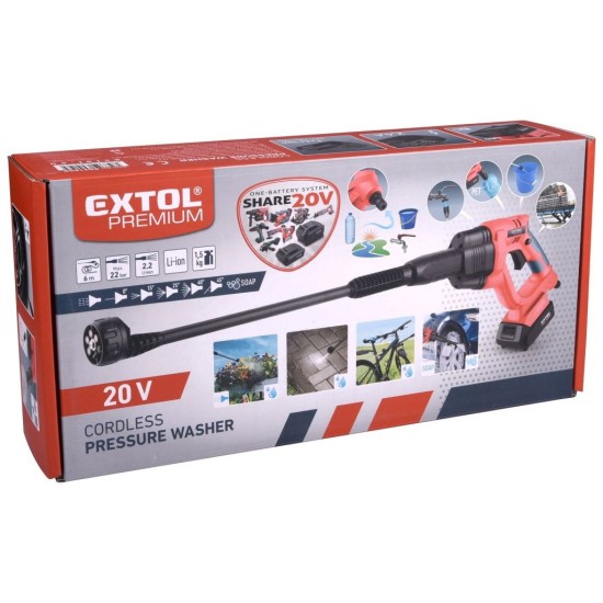 Akumulátorový tlakový čistič 20V, Li-Ion, 22bar, 2Ah, SHARE20V EXTOL PREMIUM