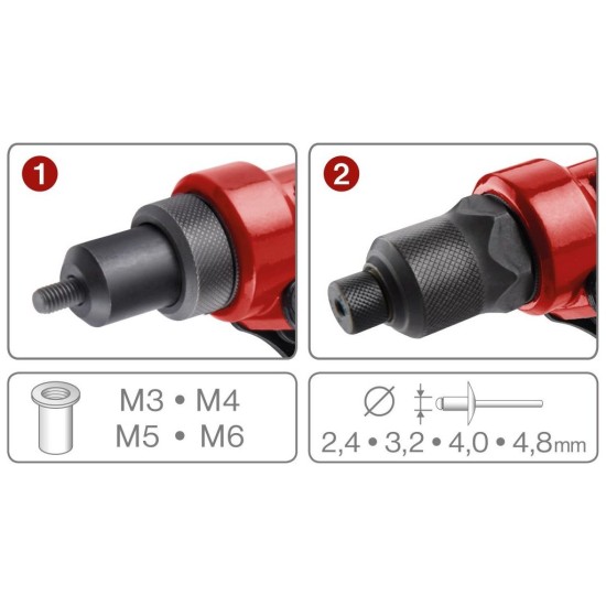 Nitovacie kliešte s otočnou hlavou COMBO, na nit. matice M3-M6 a trhacie nity 2,4-4,8mm FORTUM Nitovacie kliešte s otočnou hlavou COMBO, na nit. matice M3-M6 a trhacie nity 2,4-4,8mm FORTUM