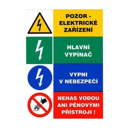 Tabuľka - Upozornenie elektrické zariadenia Hlavný vypínač Vypnutie v nebezpečenstve Nezhasínajte vodou, nálepka A5 Tabuľka - Upozornenie elektrické zariadenia Hlavný vypínač Vypnutie v nebezpečenstve Nezhasínajte vodou, nálepka A5