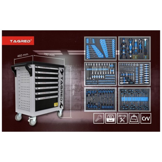 Dielenská mobilná skrinka, 7 zásuviek, sada náradia 251ks TAGRED