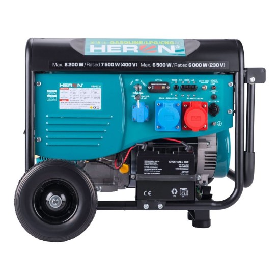 Plynový a benzínový generátor (LPG/NG), 17HP/8,2kW/10,2kVA (400V), 6,5kW (230V), elektrický štartér, diaľkové ovládanie, podvozok HERON