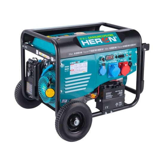 Plynový a benzínový generátor (LPG/NG), 17HP/8,2kW/10,2kVA (400V), 6,5kW (230V), elektrický štartér, diaľkové ovládanie, podvozok HERON