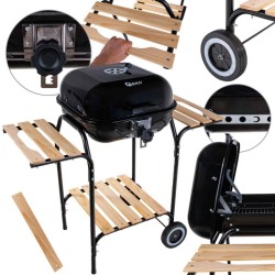 Gril na drevené uhlie, s nastaviteľným roštom 40x40cm, vekom a drevenými policami GEKO