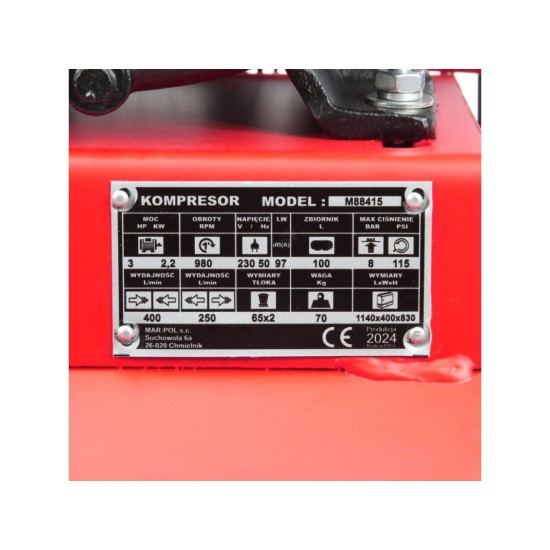 Olejový kompresor 2V, 100 l, 2.2 kW, 230 V MAR-POL Olejový kompresor 2V, 100 l, 2.2 kW, 230 V MAR-POL