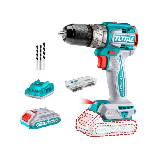 Aku vrtací šroubovák s příklepem, brushless, 20V Li-ion (2x), industrial TOTAL Aku vrtací šroubovák s příklepem, brushless, 20V Li-ion (2x), industrial TOTAL