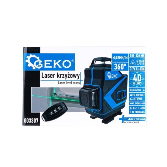Cross Line Laser 360°, samonivelačný, 4D, zelený, 2x Li-ion, kryt, príslušenstvo - GEKO Cross Line Laser 360°, samonivelačný, 4D, zelený, 2x Li-ion, kryt, príslušenstvo - GEKO