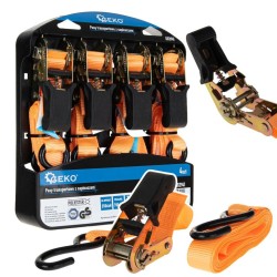 Pás upínací ráčnový, s háky, 25 mm × 4,5 m, 700 kg, sada 4 ks - GEKO