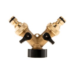 Rozdělovač na kohoutek 2-cestný, vnitřní závit 3/4", 2× vnější závit 3/4" s ventily a konektory - GEKO Rozdělovač na kohoutek 2-cestný, vnitřní závit 3/4", 2× vnější závit 3/4" s ventily a konektory - GEKO