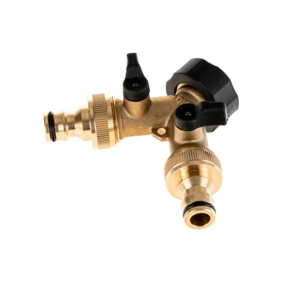 Rozdělovač na kohoutek 2-cestný, vnitřní závit 3/4", 2× vnější závit 3/4" s ventily a konektory - GEKO Rozdělovač na kohoutek 2-cestný, vnitřní závit 3/4", 2× vnější závit 3/4" s ventily a konektory - GEKO