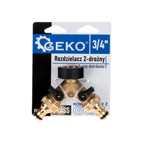 Rozdělovač na kohoutek 2-cestný, vnitřní závit 3/4", 2× vnější závit 3/4" s ventily a konektory - GEKO Rozdělovač na kohoutek 2-cestný, vnitřní závit 3/4", 2× vnější závit 3/4" s ventily a konektory - GEKO