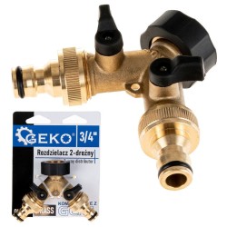 Rozdělovač na kohoutek 2-cestný, vnitřní závit 3/4", 2× vnější závit 3/4" s ventily a konektory - GEKO Rozdělovač na kohoutek 2-cestný, vnitřní závit 3/4", 2× vnější závit 3/4" s ventily a konektory - GEKO