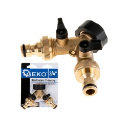 Rozdělovač na kohoutek 2-cestný, vnitřní závit 3/4", 2× vnější závit 3/4" s ventily a konektory - GEKO Rozdělovač na kohoutek 2-cestný, vnitřní závit 3/4", 2× vnější závit 3/4" s ventily a konektory - GEKO