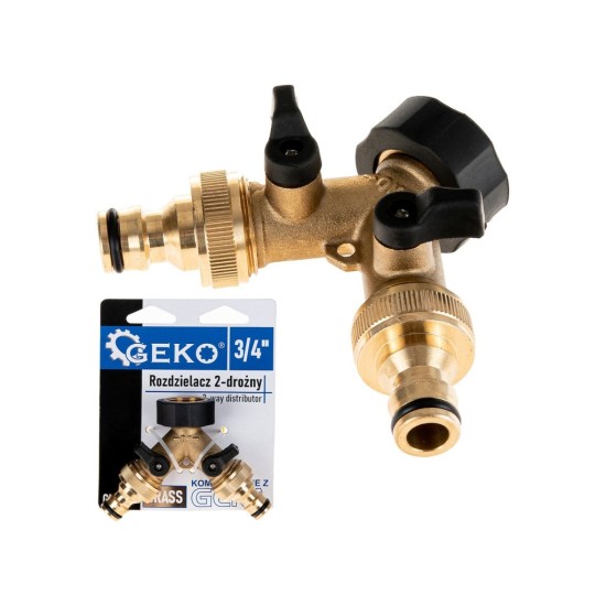Rozdělovač na kohoutek 2-cestný, vnitřní závit 3/4", 2× vnější závit 3/4" s ventily a konektory - GEKO Rozdělovač na kohoutek 2-cestný, vnitřní závit 3/4", 2× vnější závit 3/4" s ventily a konektory - GEKO
