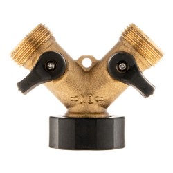 Rozdělovač na kohoutek 2-cestný, vnitřní závit 3/4", 2× vnější závit 3/4" s ventily - GEKO