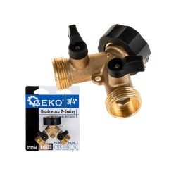 Rozdělovač na kohoutek 2-cestný, vnitřní závit 3/4", 2× vnější závit 3/4" s ventily - GEKO
