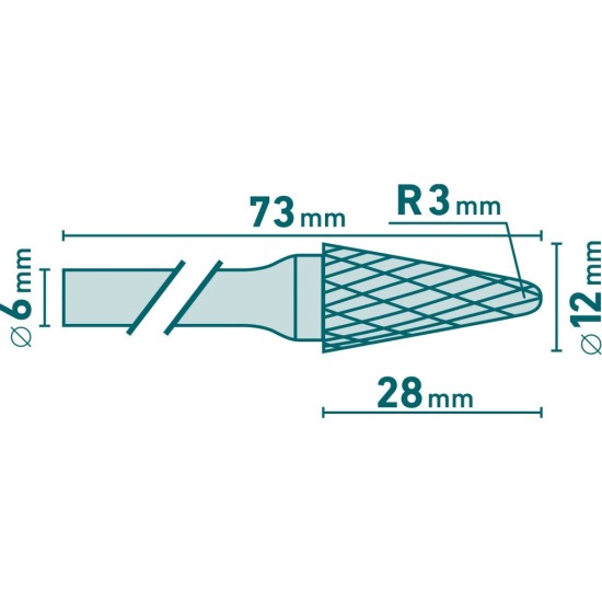 Fréza karbidová, konická 14° zakulacená, ø 12x28 mm, stopka 6 mm - EXTOL INDUSTRIAL Fréza karbidová, konická 14° zakulacená, ø 12x28 mm, stopka 6 mm - EXTOL INDUSTRIAL