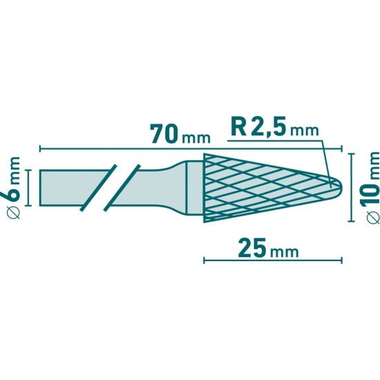 Fréza karbidová, konická 14°, zakulacená, 10×25 mm, stopka 6 mm, sek střední (double-cut)- EXTOL INDUSTRIAL Fréza karbidová, konická 14°, zakulacená, 10×25 mm, stopka 6 mm, sek střední (double-cut)- EXTOL INDUSTRIAL