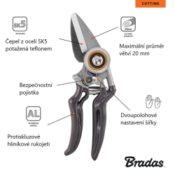 Zahradní nůžky KT-V1041, podávací ostří, ocel SK5, ALU - V-SERIES - BRADAS