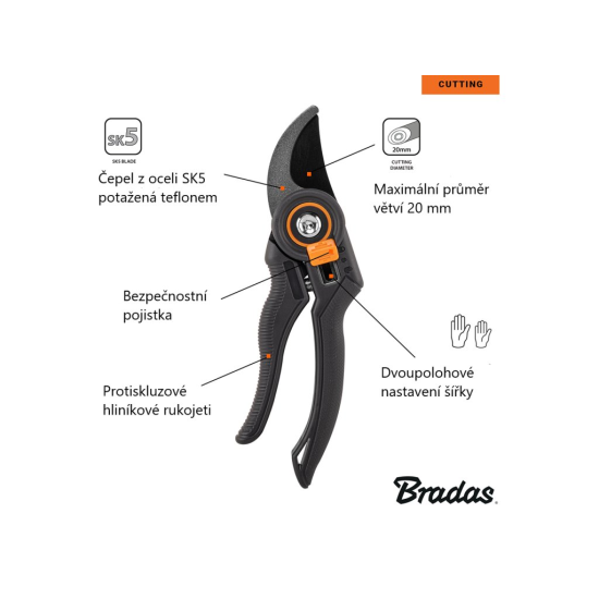 Zahradní nůžky KT-V1029, podávací ostří, ocel SK5 - V-SERIES - BRADAS