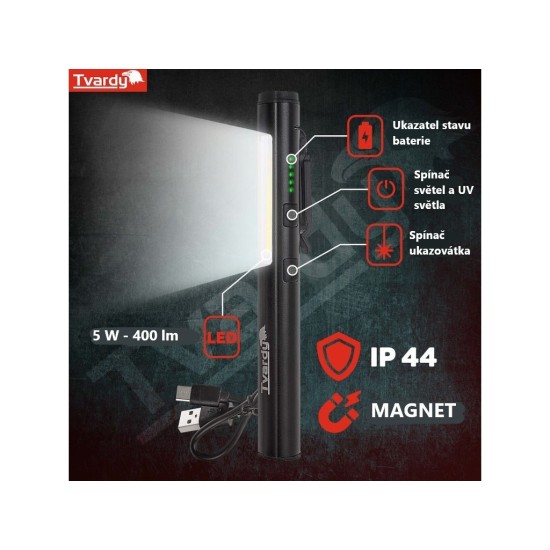 Inspekční LED svítilna 400 lm, 800 mAh, s UV světlem a magnetem - GEKO