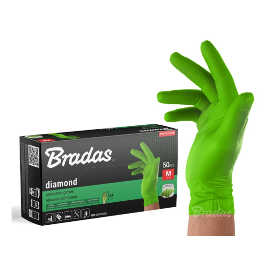 Nitrilové rukavice DIAMOND, pevné, odolné chemikáliím, 50 ks, zelené - BRADAS (Velikost: M (7–8))