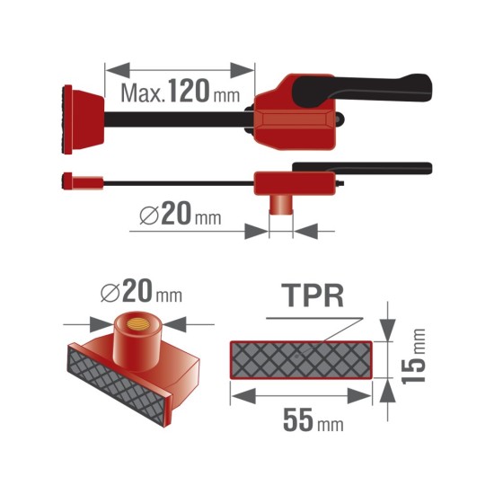Svěrka horizontální přítlačná pro pracovní stoly s otvory Ø20 mm, 0–120 mm - FORTUM