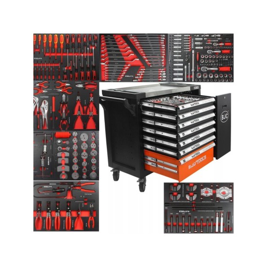 Dílenský vozík, 7 zásuvek + skříňka, sada nářadí DIN3113 306 ks - BJC