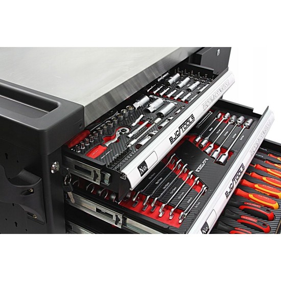 Dílenský vozík, 7 zásuvek + skříňka, sada nářadí DIN3113 306 ks - BJC