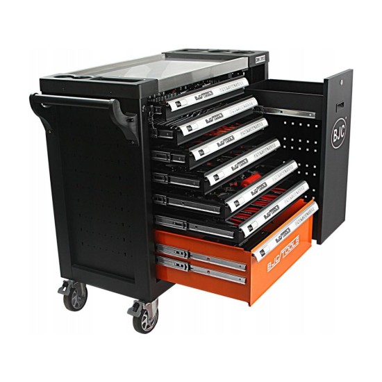 Dílenský vozík, 7 zásuvek + skříňka, sada nářadí DIN3113 306 ks - BJC