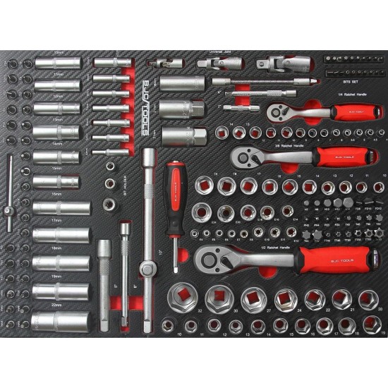 Dílenský vozík, 7 zásuvek + skříňka, sada nářadí DIN3113 306 ks - BJC