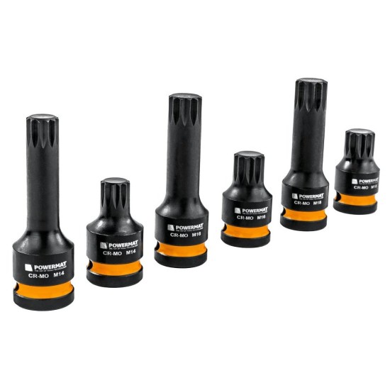 Hlavice rázové zástrčné 1/2" XZN M14–M18, 6 ks (2 délky) – POWERMAT