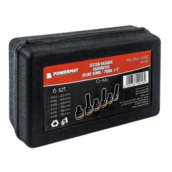 Hlavice rázové zástrčné 1/2" XZN M14–M18, 6 ks (2 délky) – POWERMAT