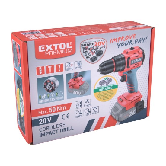 Aku šroubovák SHARE20V, BRUSHLESS, 2 Ah – EXTOL PREMIUM